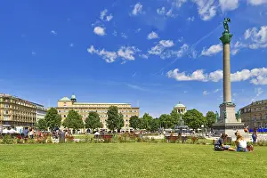 Historic Town Square Prints: Stuttgart, Germany, July 2020: Public park in town square called Schlossplatz in old city center on sunny day