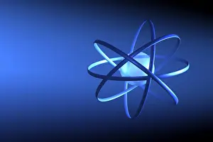 Natural Scientific Research Prints: Stylized blue atomic model on dark blue
