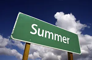 Cloudy Dramatic Atmosphere Prints: Summer road sign with dramatic clouds and sky