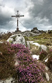 Cloudy Mountain Range Prints: Summit cross at the summit of Spitzstein