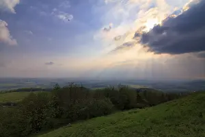North Rhine Westphalia Landscape Prints: Sunbeams behind thunderclouds, mountain top