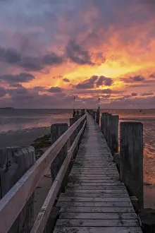 Wooden Bridge Germany Prints: Sunset on the beach of Utersum