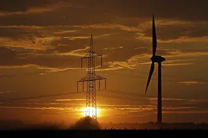 Sunset Germany Prints: Sunset, clouds, high-voltage pylon