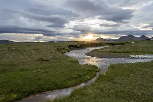 Icelandic Highlands Landscape Prints: Sunset between clouds, river flowing through meadows