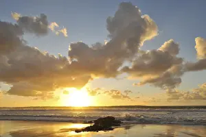 Deserted Sandy Beaches Spain Prints: Sunset and cloudy sky with reflection on the Atlantic