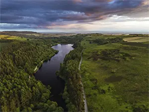 North York Moors National Park Prints: Sunset over Cod Beck Reservoir from a drone
