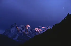 Snow Capped Alps Prints: Sunset and crescent over the granit needles of Chamonix
