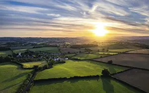 Northern Europe Aerial Landscape Prints: Sunset over Devon Fields from a drone