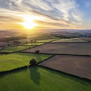 Northern Europe Sunset Prints: Sunset over Devon Fields from a drone
