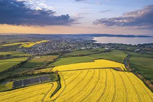 Sunset Over Farmlands UK Prints: Sunset over Devon Fields and Farmlands from a drone