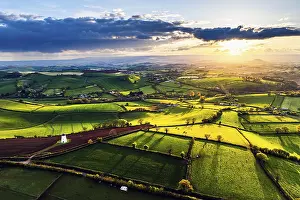 Aerial View Of Torquay Prints: Sunset of Devon Windmill over Fields and Farms from a drone