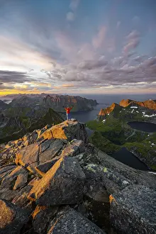 Norway Coastal Scenery Prints: Sunset with dramatic clouds, view from the top of Hermannsdalstinden
