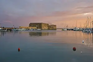 Prints of Sunset, evening light, backlight, Venetian sea fortress, Koules, Morosini, mountains, bronze sky, harbour, Heraklion, capital, island of Crete, Greece Heraklion Prints: Heraklion Harbour at Sunset Print, Crete, Greece