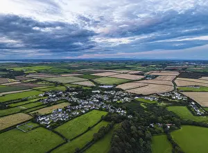 Drone Photography Wales Prints: Sunset over Fields and Farms from a drone