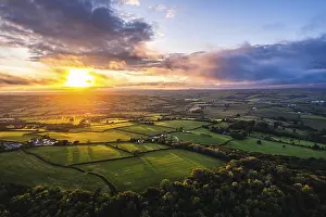 British Rural Landscapes Prints: Sunset over Fields and Farms from a drone