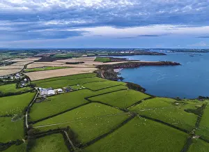 Welsh Countryside Landscape Prints: Sunset over Fields and Farms from a drone