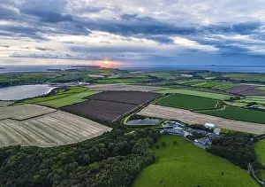 Welsh Countryside Aerial Photography Prints: Sunset over Fields and Farms from a drone