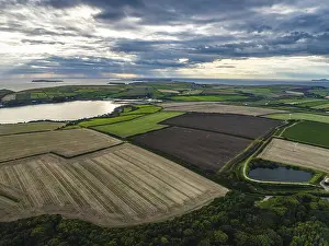 Welsh Countryside Landscape Prints: Sunset over Fields and Farms from a drone
