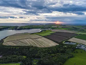 Welsh Countryside Landscape Prints: Sunset over Fields and Farms from a drone