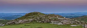 Uninhabited Granite Cliffs Prints: Sunset over fields in Haytor Rocks