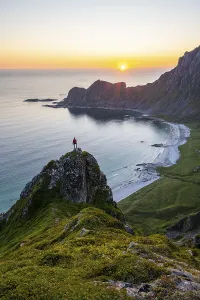 Deserted Rocky Coast Prints: Sunset, hiker on rocks, cliffs