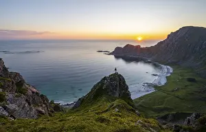 Female Hiker Norway Prints: Sunset, hiker on rocks, cliffs