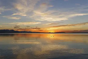 Prints of Sunset on Lake Chiemsee in Chieming, Chiemgau, Upper Bavaria, Bavaria, Germany Chiemsee Prints: Sunset on Lake Chiemsee in Chieming Print, Germany