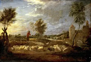 Prints of Sunset landscape with a shepherd and his flock, painting by David Teniers (baptised 15 December 1610 in Antwerp, died 25 April 1690 in Brussels), Flemish painter, draughtsman and curator Portrait Painting Prints: David Teniers Print - Sunset Landscape with Shepherd