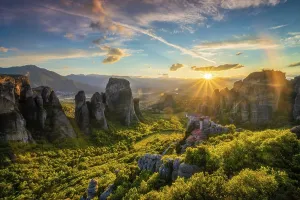 St Nicholas Anapavsa Abbey Prints: Sunset over monastery of Rousanou and Monastery of St