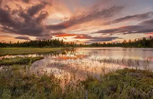 Atmospheric Evening Sky Shots Prints: Sunset, orange clouds reflected in the lake