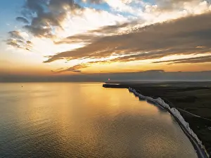 Seven Sisters Cliffs Prints: Sunset over Seven Sisters Cliffs from a drone