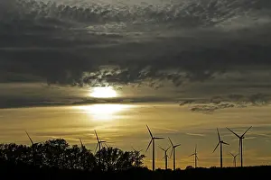 Environmental Protection In Germany Prints: Sunset, wind power plants, clouds