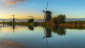 Deserted Windmill Landscape Prints: Sunset at the windmills in Kinderdijk