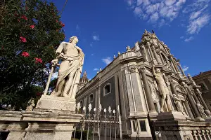 Prints of Super wide angle, oblique from below, sculpture, cathedral, blue sky, white clouds, Catania, Old Town, Baroque Old Town, Eastern Cuisine, Sicily, Italy Catania Prints: Catania Old Town Super Wide Angle Print