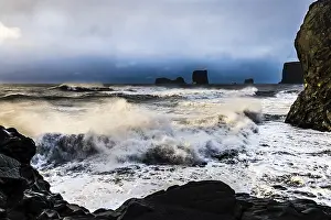 Northern Europe Beach Scene Prints: Surf, with dramatic cloudy sky, Vik, Iceland