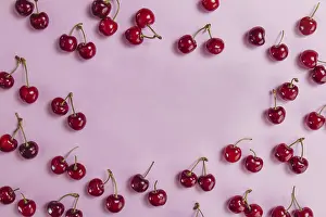 Empty White Background Prints: Surface with cherries blank space