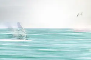 European Lake Scenery Prints: Surfer as a pull-along, artistically worked