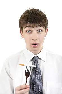White Background Cutout Prints: Surprised Young Man with Cigarette on the Fork