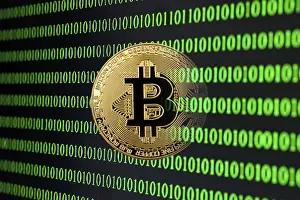 Digital Currency Icon Prints: Symbol image digital currency, gold physical coin Bitcoin in front of binary code