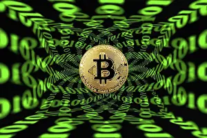 Digital Currency Icon Prints: Symbol image digital currency, gold physical coin bitcoin with digital binary code