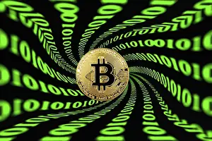 Digital Currency Icon Prints: Symbol image digital currency, gold physical coin bitcoin with digital binary code