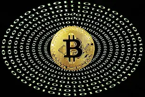 Bitcoin Conceptual Photo Prints: Symbol image Digital currency, gold physical coin Bitcoin with digital binary code