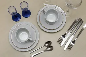 Decorative Cutlery Set Prints: On the table, two cups with saucers