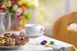 Christian Easter Traditions Prints: Table with Easter biscuits, coffee and Easter decorations