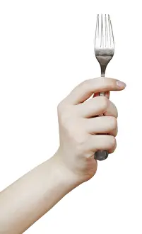 Female Eating Habits Prints: Table fork in hand against white background