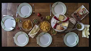 Sausage And Cheese Platter Prints: Table set with cheese, sausage