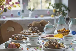 Decorative Cutlery Set Prints: Table set with Easter cookies and coffee