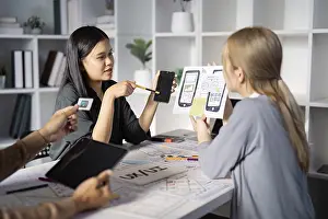 Team Collaboration Prints: A team of designers discussing mobile app prototypes