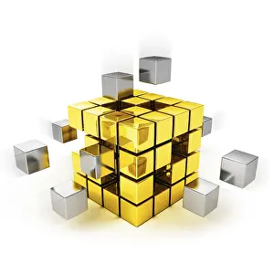 Teamwork Concept Prints: Teamwork concept, metal cubes assembling into gold one