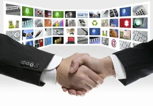Images Dated 9th December 2024: Tech TV Video Communication Screen Rows Handshake Print